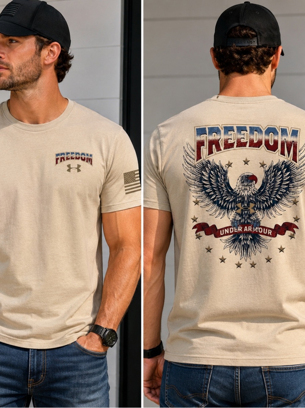 NWT Under Armour Freedom Eagle‎ Flag Graphic Tee Military Patriotic Tan Men's Sm